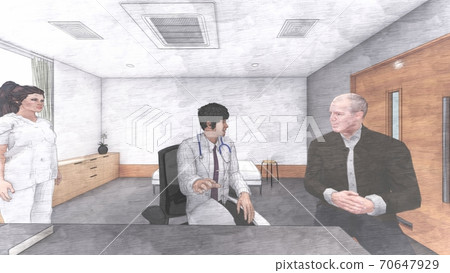 Hospital examination room with people, elderly men, male doctors, nurses, illustration 17 Hospital examination room with people, elderly men, male doctors, nurses, illustration 17 70647929