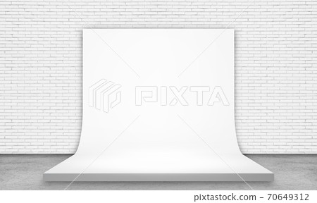White screen in studio room of white brick wall grunge texture background and concrete floor for product showing. White screen in studio room of white brick wall grunge texture background and concrete floor for product showing. 70649312