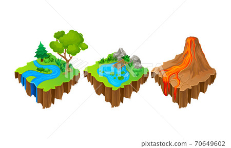 Floating Game Islands with Forest and Volcano Vector Set 70649602