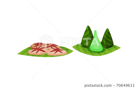 Arabic Sweets Served on Green Leaf Vector Set Arabic Sweets Served on Green Leaf Vector Set 70649611
