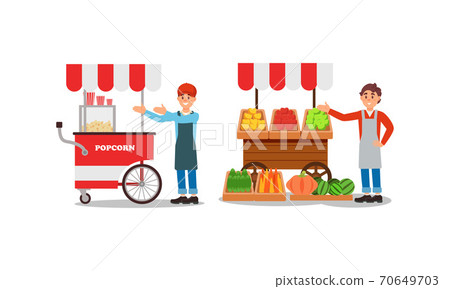 Man Vendor Standing at Street Booth or Stall with Vegetables and Popcorn Vector Illustration Set Man Vendor Standing at Street Booth or Stall with Vegetables and Popcorn Vector Illustration Set 70649703