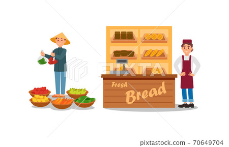 Man Vendor Standing at Street Booth or Stall with Vegetables and Bread Vector Illustration Set Man Vendor Standing at Street Booth or Stall with Vegetables and Bread Vector Illustration Set 70649704
