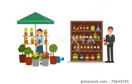 Man and Woman Vendor Standing at Street Booth or Stall with Flowers and Alcoholic Drinks Vector Illustration Set Man and Woman Vendor Standing at Street Booth or Stall with Flowers and Alcoholic Drinks Vector Illustration Set 70649705