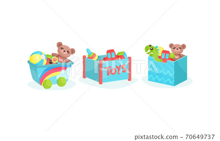 Boxes and Plastic Containers Full of Children Toys Vector Set 70649737