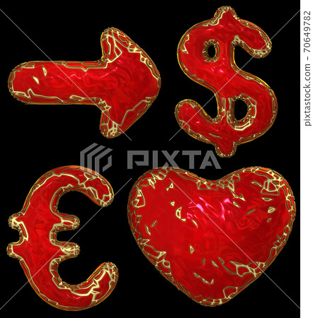 Symbol collection arrow, dollar, euro, heart made of golden shining metallic. Collection of gold shining metallic with red paint symbol isolated on black background. 3d 70649782