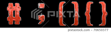 Set of symbols hash, semi-colon, left right braces made of red painted metal isolated on black background. 3d 70650377