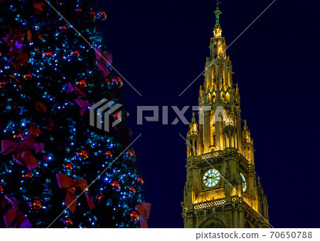 Christmas tree with The illuminated clock tower of city hall - rathaus in Vienna at night, Austria. 70650788