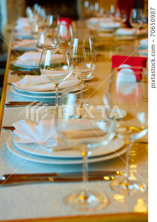 Table set for wedding or another catered event dinner. Table set for wedding or another catered event dinner. 70650987