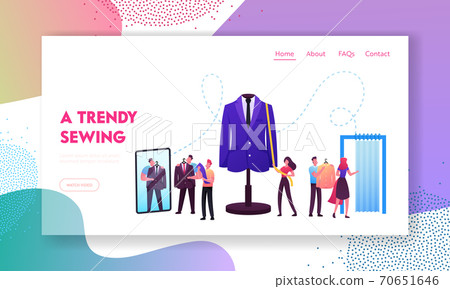 Clothing Designer, Sewer Work Landing Page Template. Customers Characters Fitting Clothes in Tailoring Atelier, Tailor 70651646