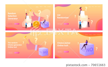Random Selection Landing Page Template Set. Tiny Characters Throw Coin and Dice with Yes or No Side, Pull Paper from Box 70651663