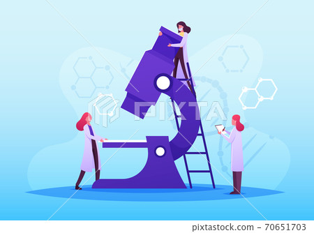 Medical Analysis, Pharmaceutic Laboratory Research Concept. Scientist Characters Work in Chemistry Lab with Microscope Medical Analysis, Pharmaceutic Laboratory Research Concept. Scientist Characters Work in Chemistry Lab with Microscope 70651703