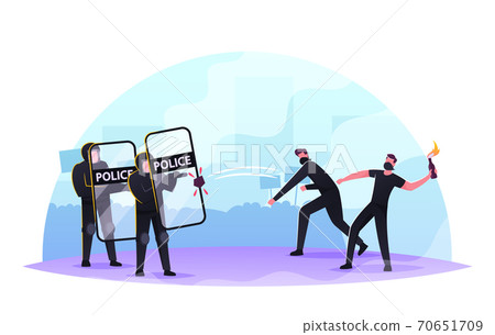 Violence Riots, Protesting, Strike. Male Characters in Masks and Black Clothes Fighting with Police Holding Shields Violence Riots, Protesting, Strike. Male Characters in Masks and Black Clothes Fighting with Police Holding Shields 70651709