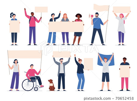 Collection of people standing and holding banners. 70652458