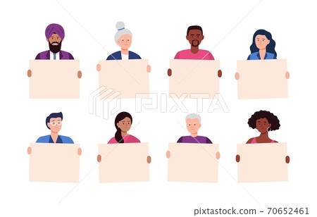A set of diverse men and women holding posters. 70652461