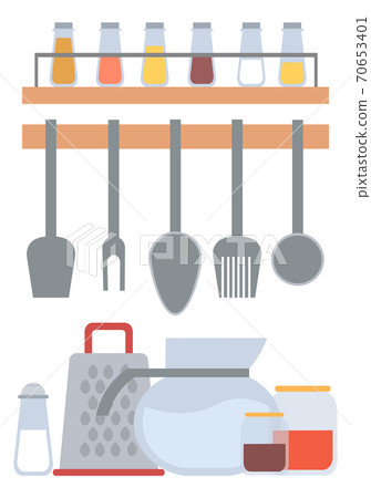 Spatula and Fork, Spices in Glasses Kitchen Tools 70653401