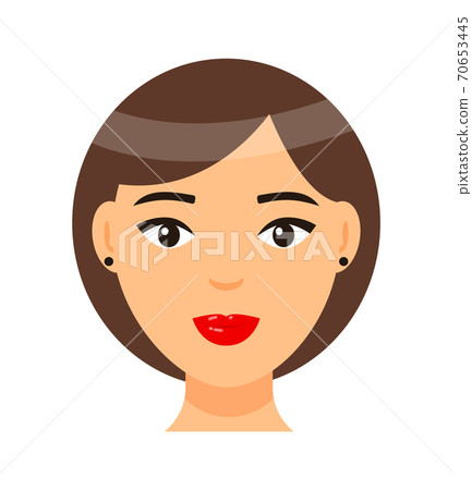 Brown-haired girl with red lips, short bob haircut, face of young pretty woman with light makeup Brown-haired girl with red lips, short bob haircut, face of young pretty woman with light makeup 70653445