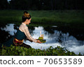 Loy Krathong Traditional Festival,Beautiful woman in thai dress traditional hold kratong. 70653589