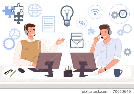 Characters male call center hotline. Online customer support worker, telephone service operator Characters male call center hotline. Online customer support worker, telephone service operator 70653649