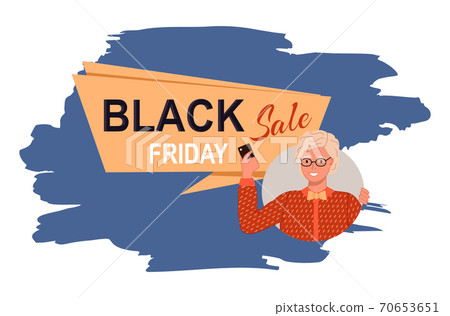 Black friday concept vector. Sale banner with beautiful woman in glasses holding phone in her hand Black friday concept vector. Sale banner with beautiful woman in glasses holding phone in her hand 70653651