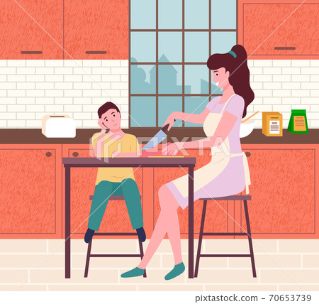Mother and son cook food. Flat illustration vector family working in the kitchen. Family cooking eat 70653739
