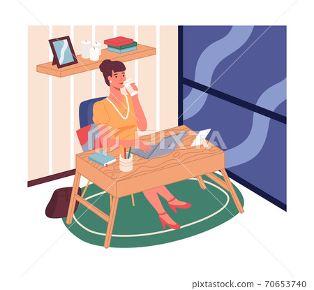 Businesswoman drinking coffee or tea and working with laptop near panoramic window in office 70653740