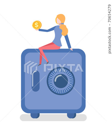 Woman Sitting on Strongbox Holding Gold Dollar Woman Sitting on Strongbox Holding Gold Dollar 70654279
