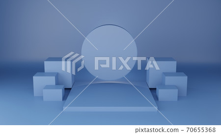 3D of square podium classic blue colour on with circle label. 3D Rendering illustration. Product presentation minimal. Empty geometric shape. Mock-up showcase for product 70655368