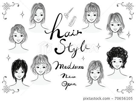Illustration set of young women's hairstyles Fashion vector illustration set of fashionable hairstyles Black and white 70656105
