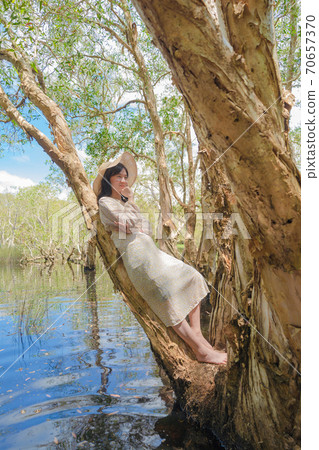 Portrait of Asian woman, a tourist, with trees in Rayong Botanical Garden, Paper Bark Tropical Forest in national park in Thailand. People lifestyle adventure activity recreation. Portrait of Asian woman, a tourist, with trees in Rayong Botanical Garden, Paper Bark Tropical Forest in national park in Thailand. People lifestyle adventure activity recreation. 70657370
