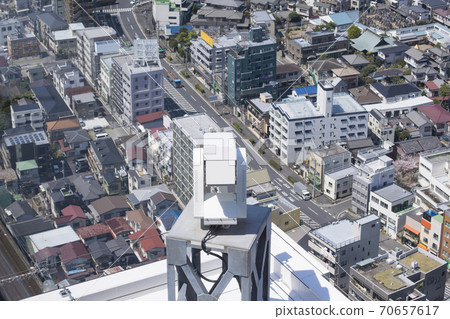 Cityscape overlooking the surveillance camera above the building Cityscape overlooking the surveillance camera above the building 70657617