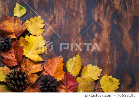 Fallen leaves on wooden background, top view, copy space 70658193