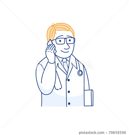 Mobile phone medical consultation thin line icon. Telemedicine concept. Male doctor prescribes treatment. Therapist using smartphone to call patient. Medical care service outline vector illustration. 70658598