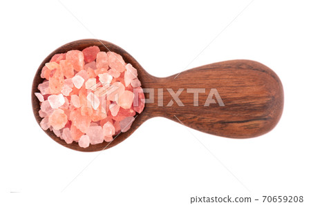 Himalayan pink salt in wooden spoon, isolated on white background. Himalayan pink salt in crystals. Himalayan pink salt in wooden spoon, isolated on white background. Himalayan pink salt in crystals. 70659208