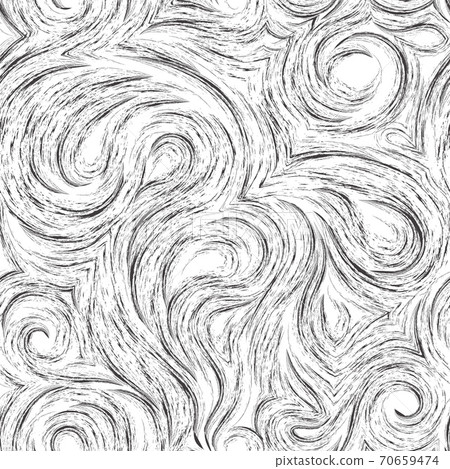 Flowing vector seamless pattern of splashes or brush strokes in the form of spirals of loops and curls. Wood or marble texture in black isolated on white background. Flowing vector seamless pattern of splashes or brush strokes in the form of spirals of loops and curls. Wood or marble texture in black isolated on white background. 70659474