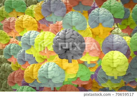 3D rendering crowd of monochrome and colorful  human brains illustration 70659517