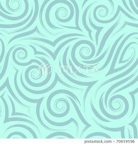 Vector turquoise seamless pattern of spirals and curls for decoration and printing on fabric on a blue background. Texture of swirl or sea waves for wrapping paper and clothes. Vector turquoise seamless pattern of spirals and curls for decoration and printing on fabric on a blue background. Texture of swirl or sea waves for wrapping paper and clothes. 70659596