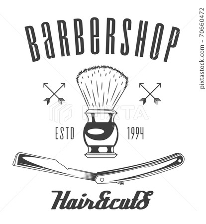 Barbershop lazor blade, shaving brush, decoration elements, black and white poster hair cuts Barbershop lazor blade, shaving brush, decoration elements, black and white poster hair cuts 70660472