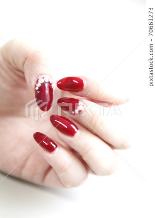 Bright red nail color and stone nails 70661273
