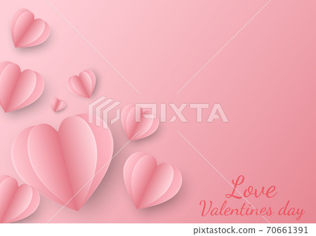 Valentines hearts with gift box postcard. Paper flying elements on pink background. 70661391
