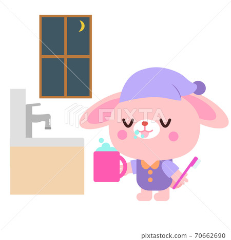 晚上刷牙的兔子圖 70662690