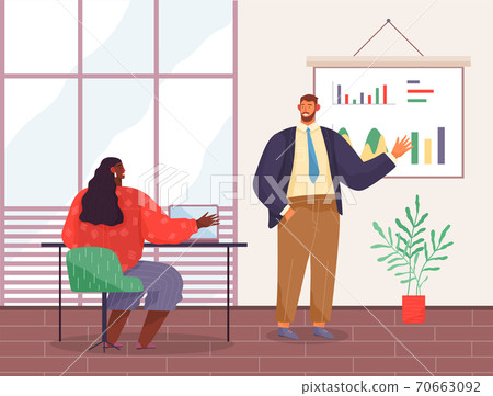 Presentation of business statistics, strategy, businessman analysing graphics at hanging board 70663092
