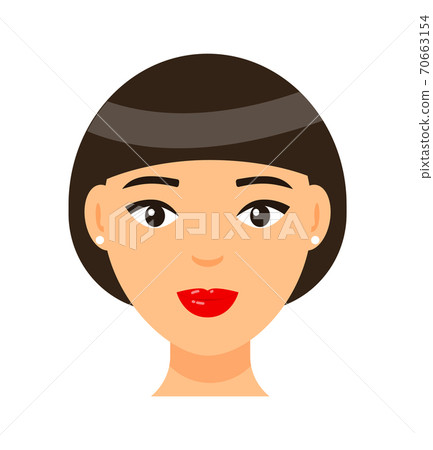 Brown-haired girl with red lips, short bob haircut, face of young pretty woman with light makeup Brown-haired girl with red lips, short bob haircut, face of young pretty woman with light makeup 70663154