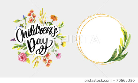 happy children's day, cute vector greeting card with funny letters in scandinavian style and cartoon landscape 70663380