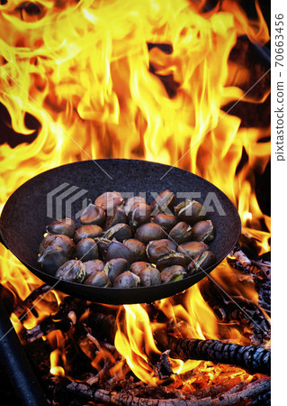 roasting chestnuts in a skillet with holes on the fire roasting chestnuts in a skillet with holes on the fire 70663456