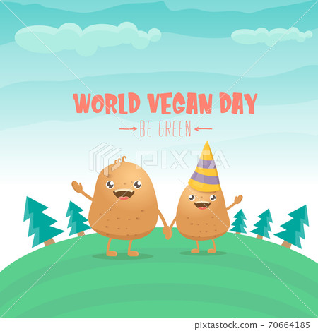 World vegan day greeting card with funny cartoon cute brown smiling tiny potato isolated on on green summer forest background background. Vegan day banner. vegetable funky character 70664185