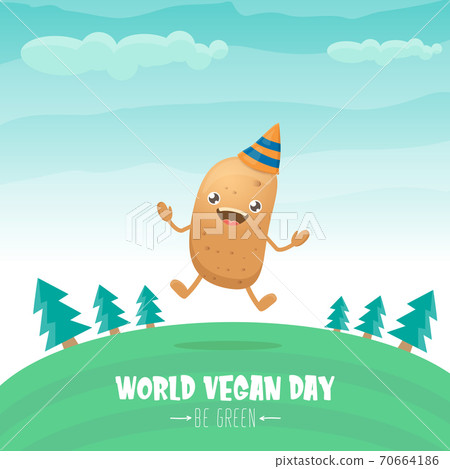 World vegan day greeting card with funny cartoon cute brown smiling tiny potato isolated on on green summer forest background background. Vegan day banner. vegetable funky character World vegan day greeting card with funny cartoon cute brown smiling tiny potato isolated on on green summer forest background background. Vegan day banner. vegetable funky character 70664186