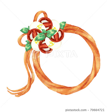 Ribbon-shaped pasta frame with caprese decoration diagonally to the left 70664721