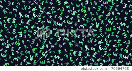 Currency symbols money exchange seamless pattern. Seamless pattern of symbols of dollar flying currency. Trendy investment pattern. Green vector background with signs of dollars. Vector illustration 70664768
