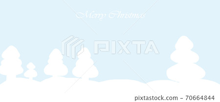 Christmas holiday greeting card; White fir trees on light blue background with text "Merry Christmas" 70664844