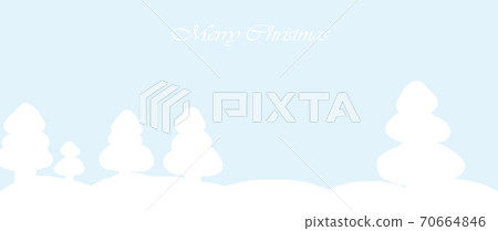 Christmas holiday greeting card; White fir trees on light blue background with text "Merry Christmas" 70664846